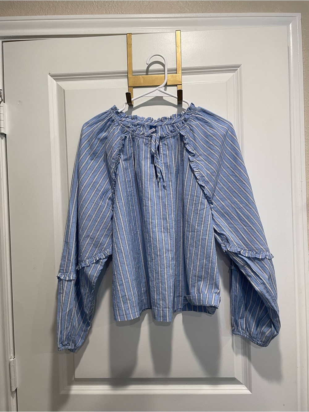 Old Navy Light Blue & White Striped Ruffle Peasant Top